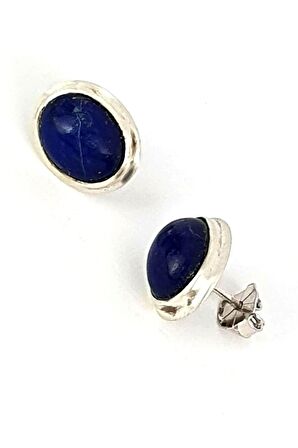 Lapis lazuli taşlı 925ayar gümüş tasarım el işi oval küpe 