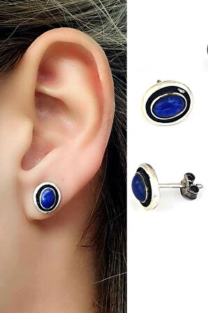 Lapis lazuli taşlı 925 ayar gümüş oval tasarım küpe 