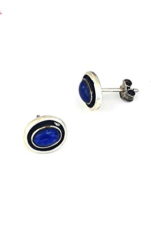 Lapis lazuli taşlı 925 ayar gümüş oval tasarım küpe 