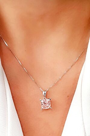Sky Diamond Pink Morganit Taşlı 925 ayar Gümüş Lüks Kolye 