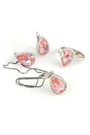 sky Diamond Pink Morganit Taşlı 925ayar Gümüş Lüks Damla Set Takım yüzük