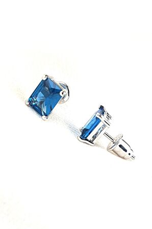 Sky Diamond Blue Creative Sapphire 925ayar Gümüş Lüks Dikdörtgen Baget Küpe 