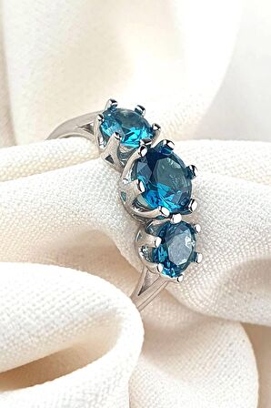 Sky Diamond Blue Creative Sapphire 925 ayar Gümüş Lüks Tria Yüzük 