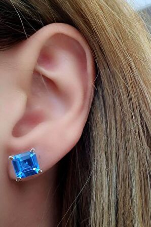 Sky Diamond Blue Creative Sapphire 925ayar Gümüş Kare Tek Taş Küpe 