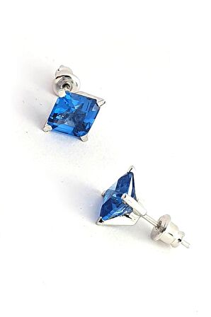 Sky Diamond Blue Creative Sapphire 925ayar Gümüş Kare Tek Taş Küpe 
