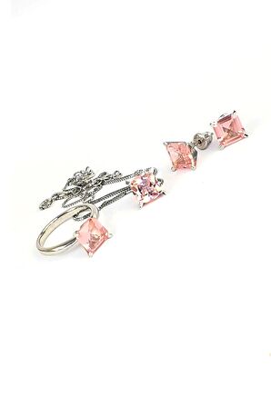 Sky Diamond Pink Morganit Taşlı  925ayar Gümüş Kare Lüks Set Takım 