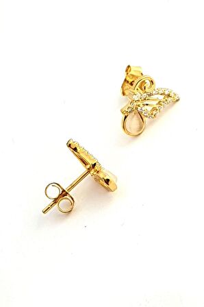 Sedef Taşlı 925 ayar Gümüş Üzerine Altın Kaplama İtalyan Kelebek Küpe 