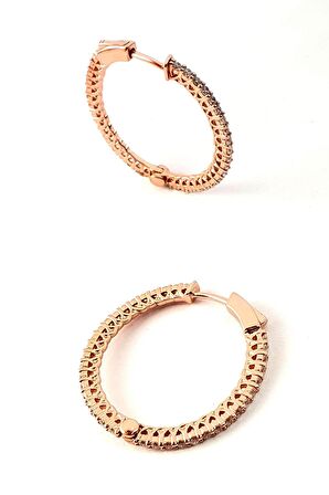 Arkası Önü Zirkon Taş Detaylı 925 ayar Gümüş Rose Halka Küpe 