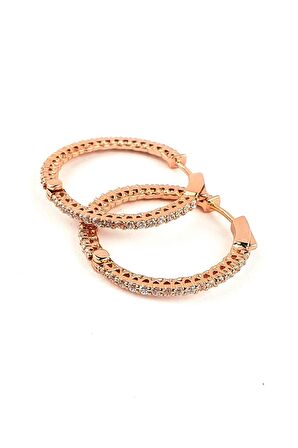 Arkası Önü Zirkon Taş Detaylı 925 ayar Gümüş Rose Halka Küpe 