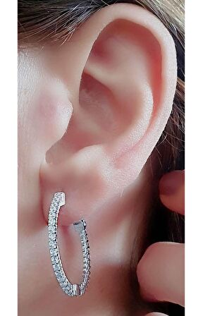 Pırlanta Işıltısında Zirkon Taşlı 925 ayar Gümüş Lüks Halka Küpe 