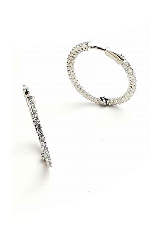 Pırlanta Işıltısında Zirkon Taşlı 925 ayar Gümüş Lüks Halka Küpe 