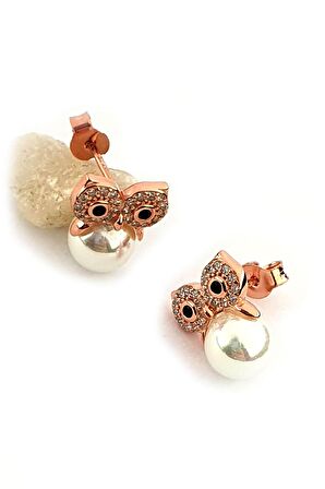 Zirkon Taşlı Baykuş Figürlü 925 ayar Gümüş Rose İnci Küpe