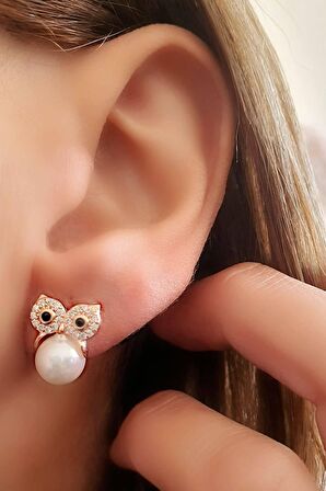 Zirkon Taşlı Baykuş Figürlü 925 ayar Gümüş Rose İnci Küpe