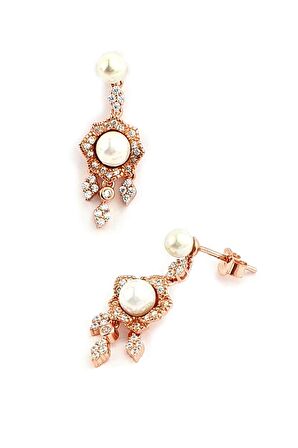 Pırlanta Işıltısında Zirkon Taşlı 925ayar Gümüş Rose Altın Kaplama İncili Küpe