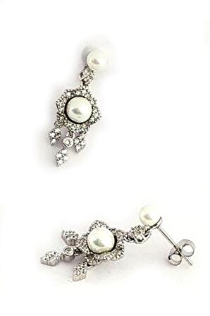 Pırlanta Işıltısında Zirkon Taşlı 925ayar Gümüş İncili Küpe