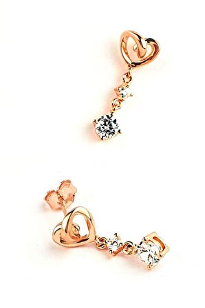 Pırlanta parlaklığında Zirkon Taşlı 925ayar Gümüş Rose Altın Kaplama Kalp Figürlü Küpe 