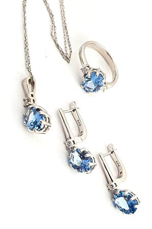 Sky Diamond Blue Creative Sapphire 925ayar Gümüş Lüks Set Takım yüzük 