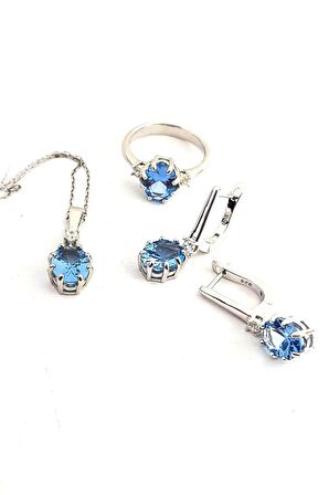 Sky Diamond Blue Creative Sapphire 925ayar Gümüş Lüks Set Takım yüzük 