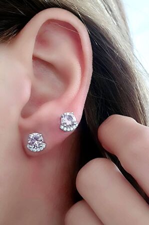 Doğal Morganit Taşlı 925 ayar Gümüş Tek Taş Küpe 