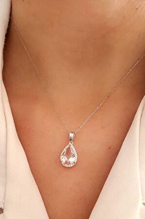 Sky Diamond Pink Morganit Taşlı 925 ayar Gümüş Lüks Damla Kolye 