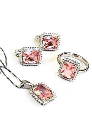 Sky Diamond Pink Morganit Taşlı 925 ayar Gümüş Lüks Set Takım 
