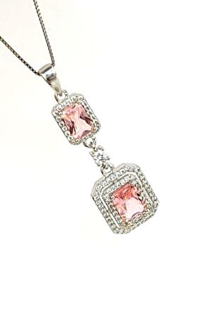 Sky Diamond Pink Morganit Taşlı 925 ayar Gümüş Lüks Kolye 