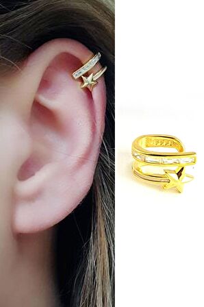 Baget Zirkon Taş Detaylı 925 ayar Gümüş Altın Trend Sıkıştırmalı Earcuff Kıkırdak Küpesi