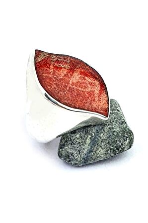 Doğal Mercan Taşlı El İşi Tasarım 925 ayar Gümüş yüzük