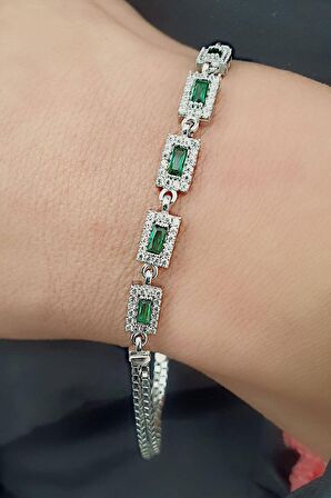 Yeşil Baget Zirkon Taşlı 925ayar Gümüş Bileklik