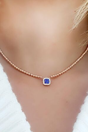 Lacivert Zirkon Taşlı 925 ayar Gümüş Rose Dorika Kolye