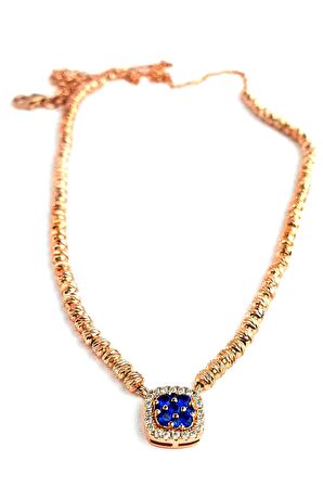 Lacivert Zirkon Taşlı 925 ayar Gümüş Rose Dorika Kolye