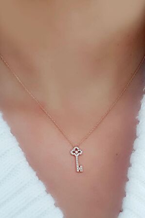 Zirkon Taşlı 925 ayar Gümüş Rose Anahtar kolye