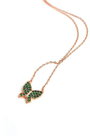 Yeşil Zirkon Taşlı 925ayar Gümüş Rose Minimal Kelebek Kolye