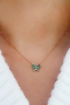 Yeşil Zirkon Taşlı 925ayar Gümüş Rose Minimal Kelebek Kolye