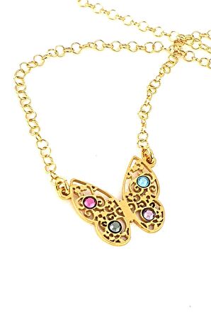 Swarovski Taşlı 925ayar Gümüş Üzerine Altın Kaplama Kelebek Kolye 