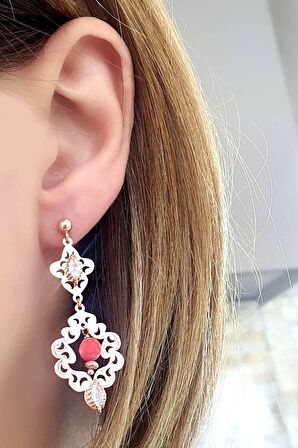 Mercan taşlı 925 ayar Gümüş Rose Tasarım Küpe