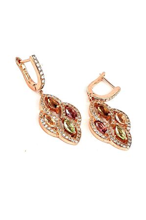 Sitrin Dumanlı kuvars peridot Ametist taşlı 925 ayar gümüş rose lüks küpe