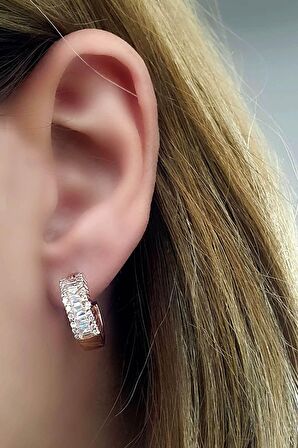 Pırlanta Işıltısında Zirkon Taşlı 925ayar Gümüş Rose Baget Halka Küpe 