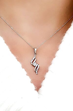 Zirkon Taşlı 925 ayar Gümüş Tasarım Kolye  