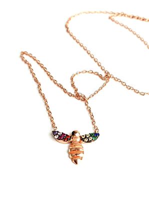 Renkli Zirkon Taşlı 925 ayar Gümüş Rose Arı kolye 