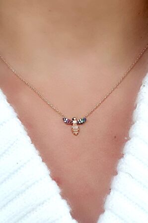 Renkli Zirkon Taşlı 925 ayar Gümüş Rose Arı kolye 