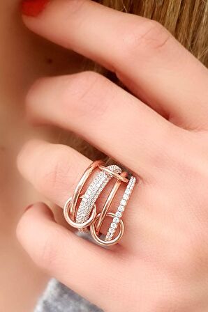 Zirkon Taş Detaylı 925 ayar Gümüş Rose İki Şekilde Kullanılabilir Trend Yüzük 