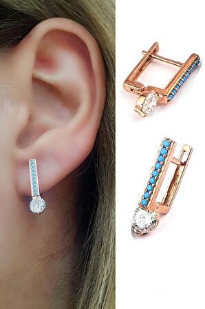 Turkuaz Taşlı Tek Taş Detaylı 925 ayar Gümüş Rose Küpe 