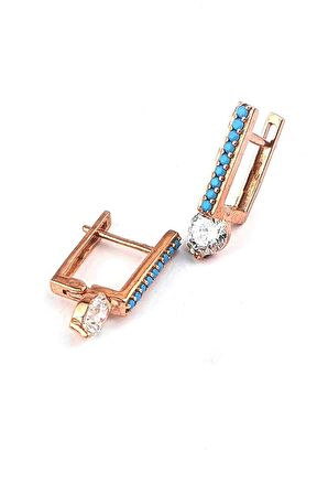 Turkuaz Taşlı Tek Taş Detaylı 925 ayar Gümüş Rose Küpe 