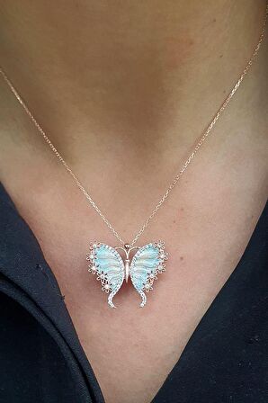 Mine İşçiliği Zirkon Taşlı 925 ayar Gümüş Rose Kelebek Kolye