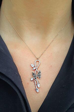 Oniks Zirkon Taşlı 925 ayar Gümüş Rose Kolye