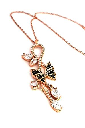 Oniks Zirkon Taşlı 925 ayar Gümüş Rose Kolye