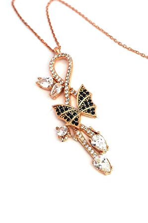 Oniks Zirkon Taşlı 925 ayar Gümüş Rose Kolye