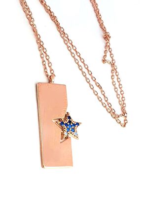 Yıldız Detaylı 925 ayar Gümüş Rose Plaka Kolye 