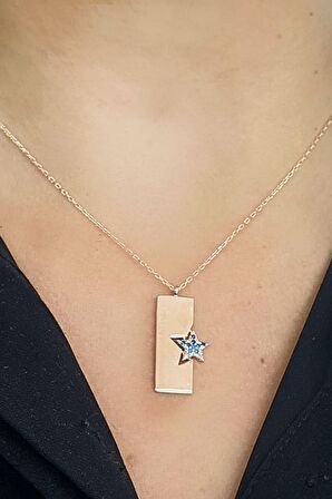 Yıldız Detaylı 925 ayar Gümüş Rose Plaka Kolye 